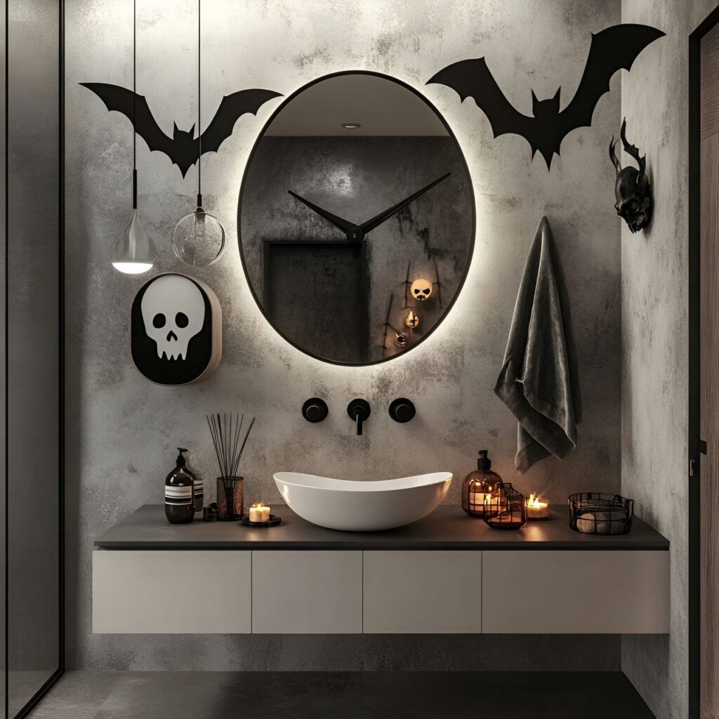 01. Chic and Modern Halloween Bathroom Décor with a Sleek Bat Clock