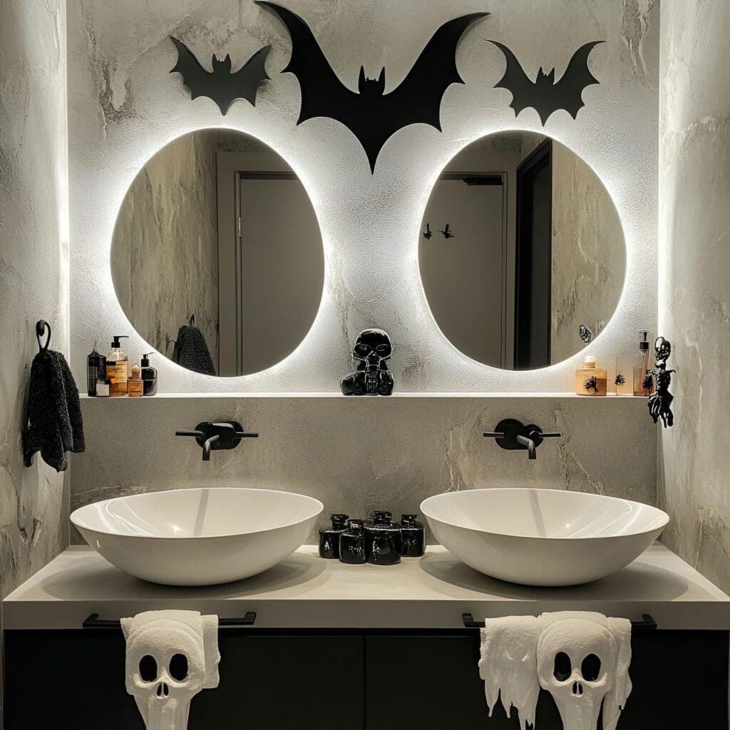 01. Chic and Modern Halloween Bathroom Décor with a Sleek Bat Clock