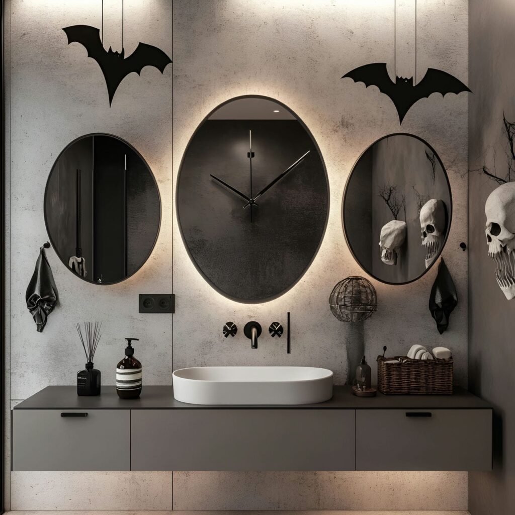 01. Chic and Modern Halloween Bathroom Décor with a Sleek Bat Clock