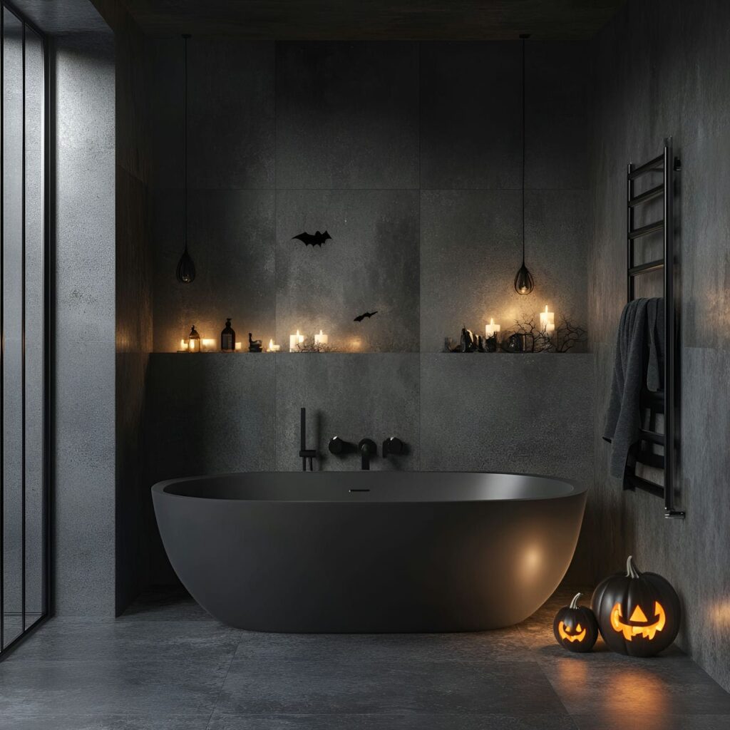 01. Chic and Modern Halloween Bathroom Décor with a Sleek Bat Clock