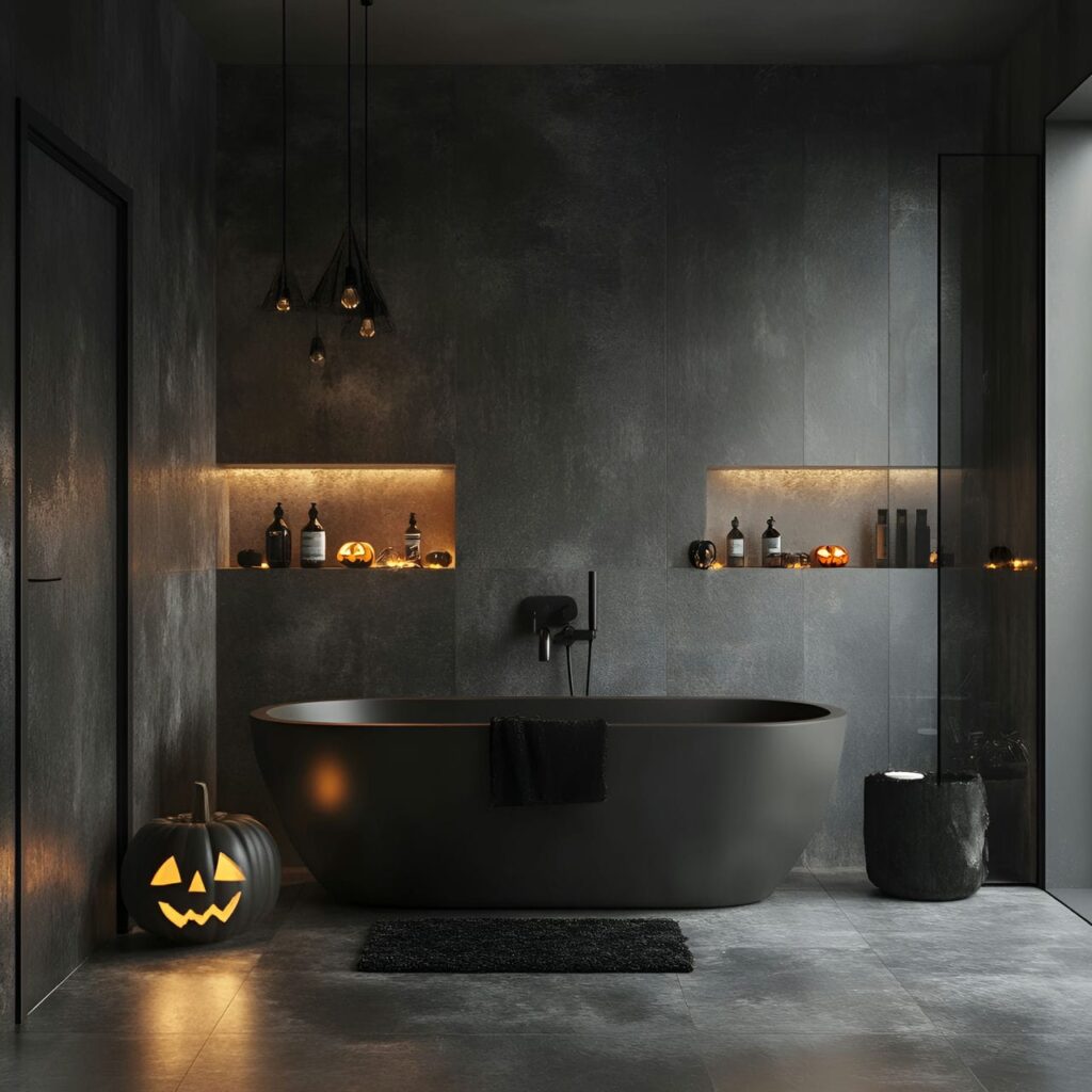 01. Chic and Modern Halloween Bathroom Décor with a Sleek Bat Clock