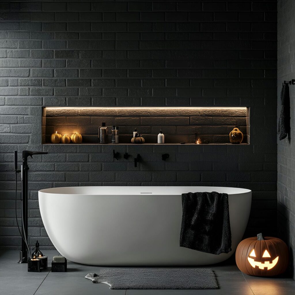 01. Chic and Modern Halloween Bathroom Décor with a Sleek Bat Clock