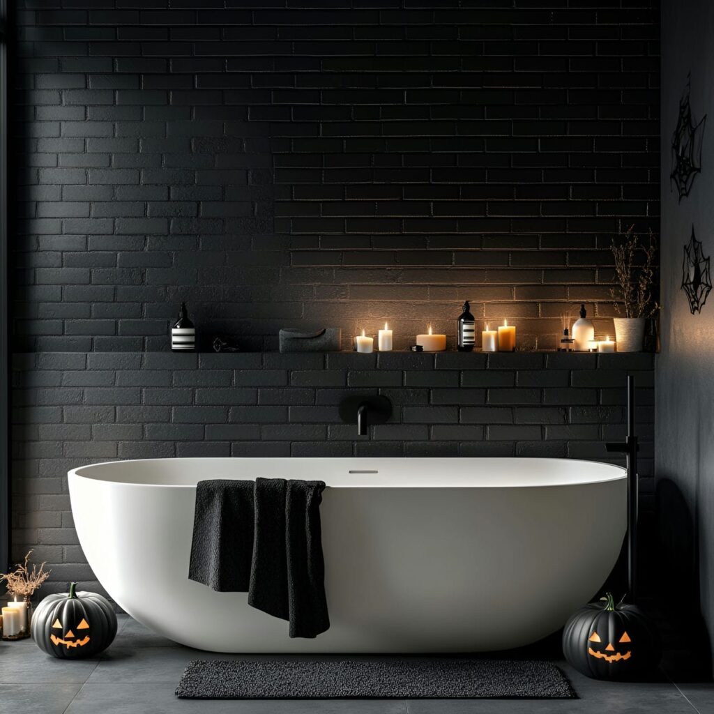 01. Chic and Modern Halloween Bathroom Décor with a Sleek Bat Clock