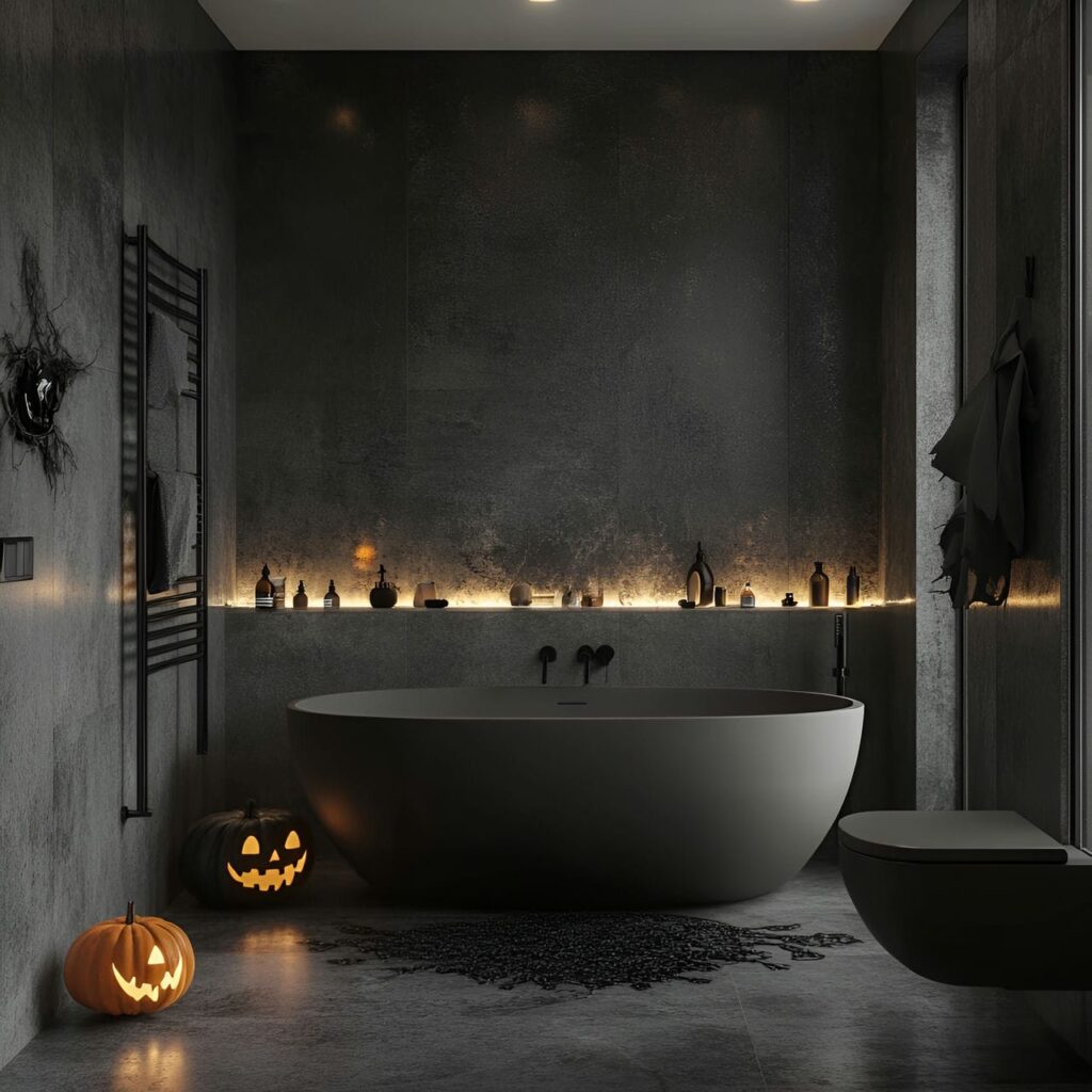 01. Chic and Modern Halloween Bathroom Décor with a Sleek Bat Clock