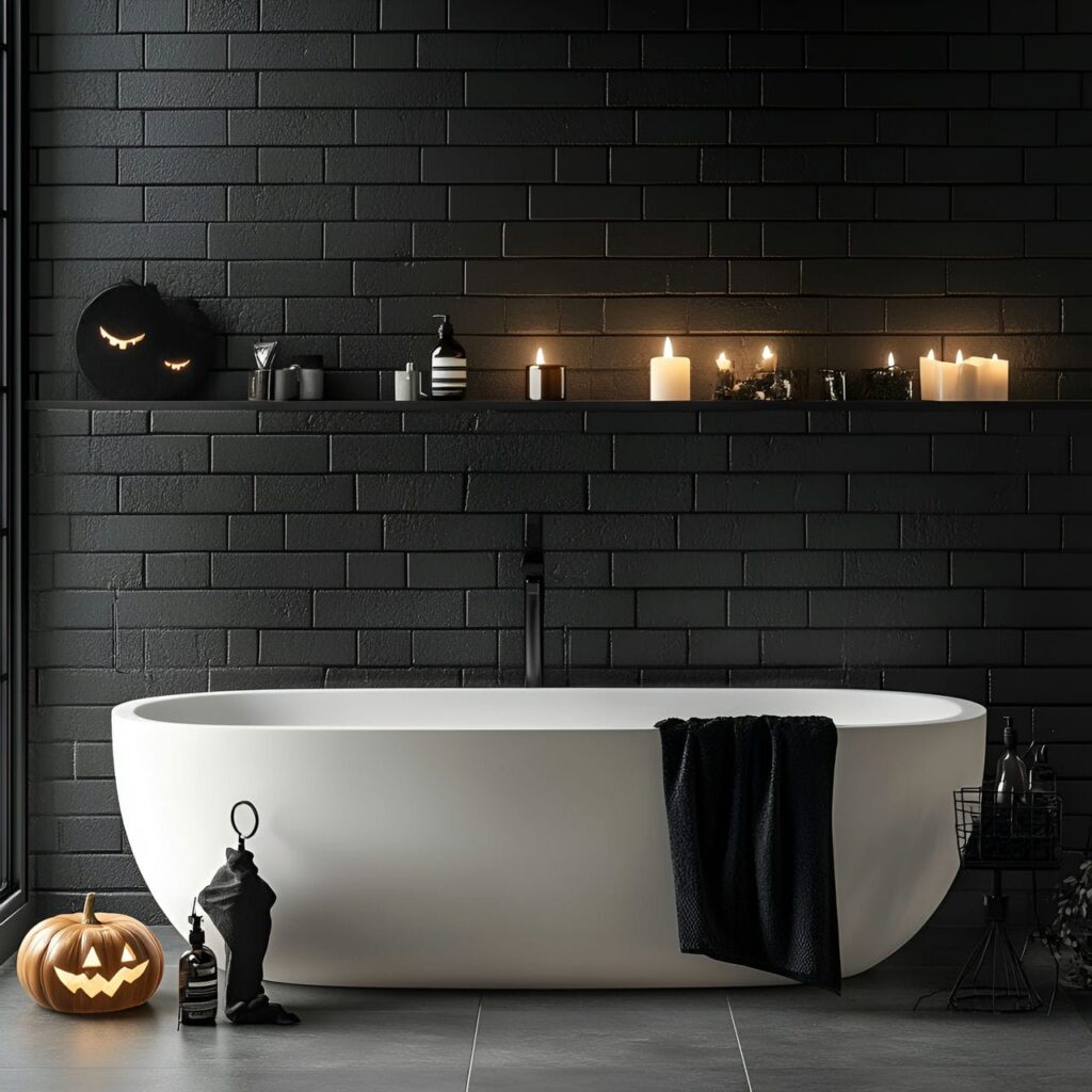 01. Chic and Modern Halloween Bathroom Décor with a Sleek Bat Clock