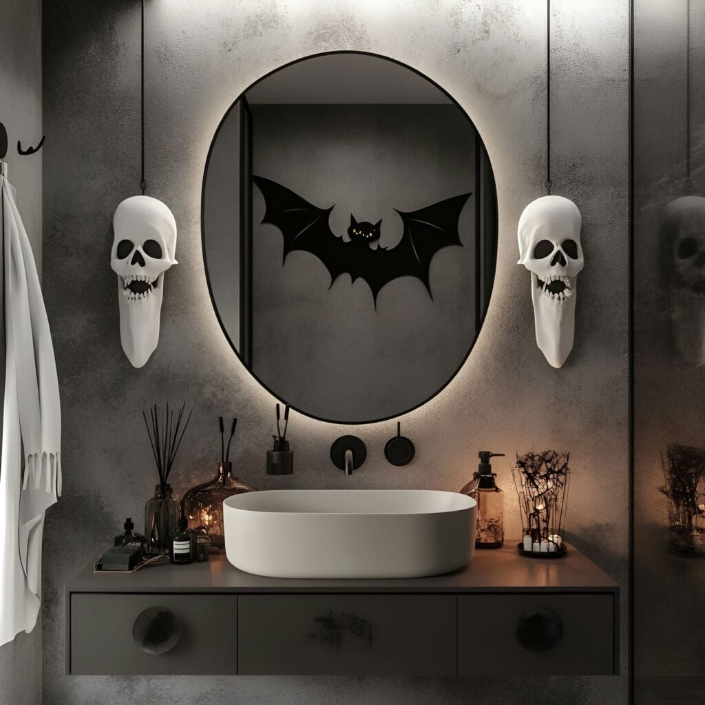 01. Chic and Modern Halloween Bathroom Décor with a Sleek Bat Clock