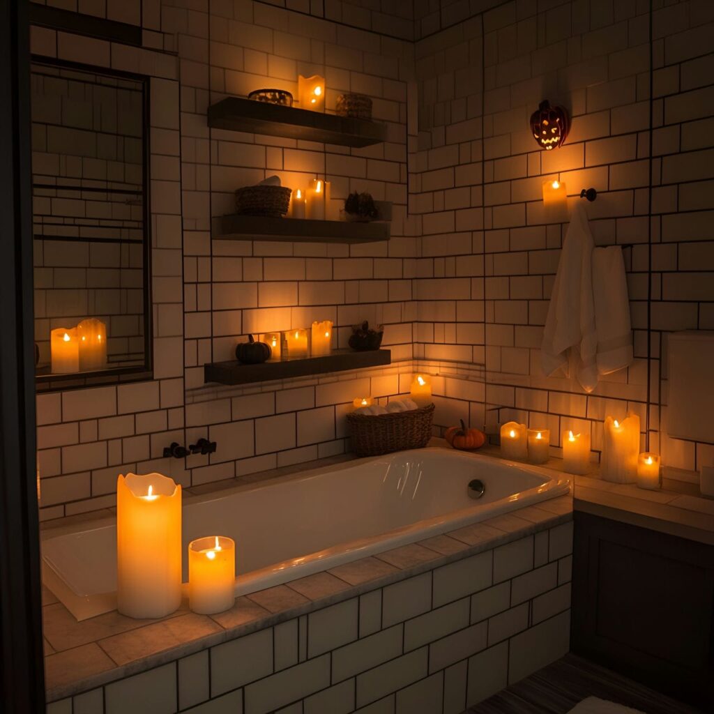 25. Eerie Candle-Lit Bathroom Atmosphere with Flickering Light