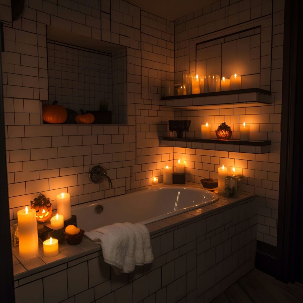 25. Eerie Candle-Lit Bathroom Atmosphere with Flickering Light