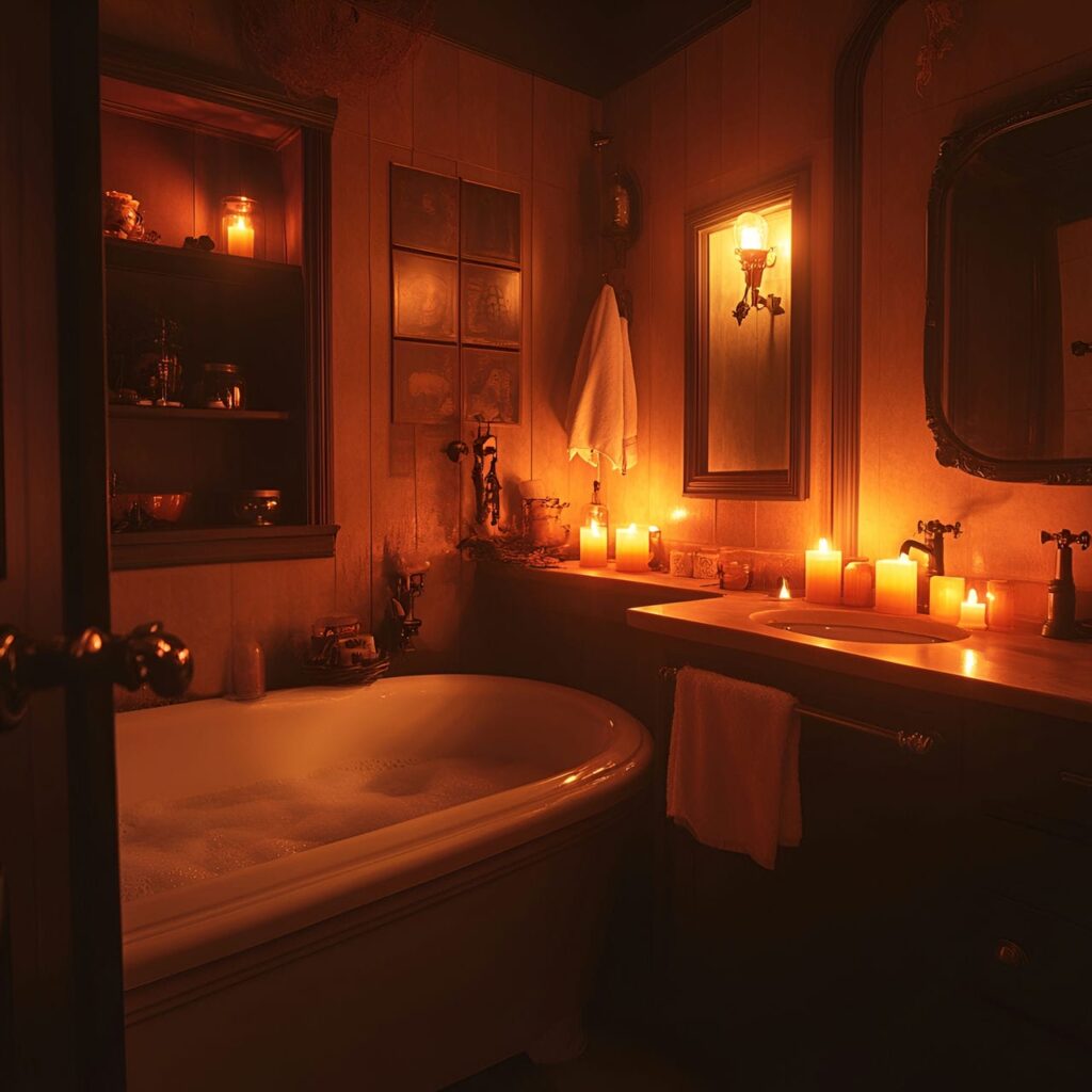 25. Eerie Candle-Lit Bathroom Atmosphere with Flickering Light