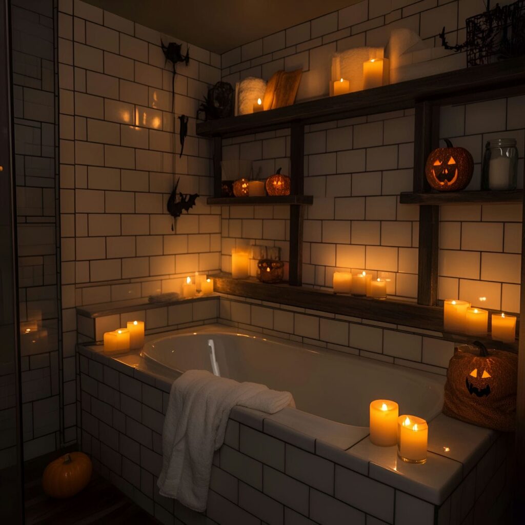 25. Eerie Candle-Lit Bathroom Atmosphere with Flickering Light