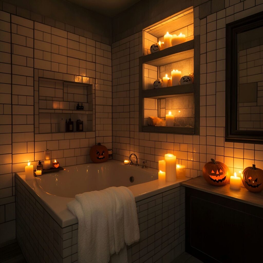 25. Eerie Candle-Lit Bathroom Atmosphere with Flickering Light