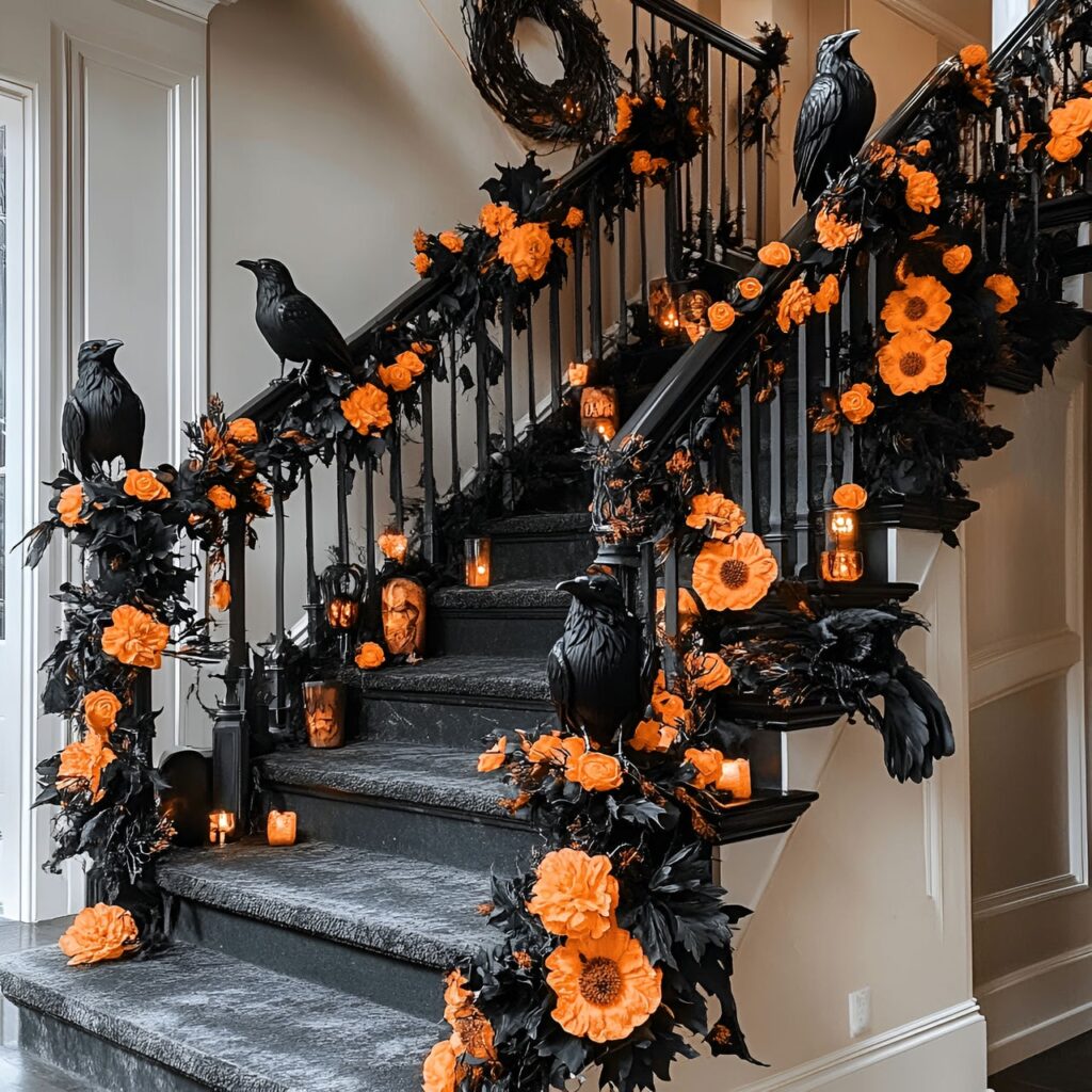 20. Elegant Floral Halloween Staircase