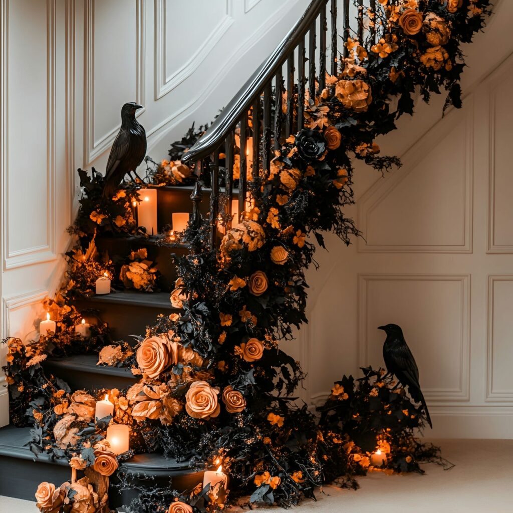 20. Elegant Floral Halloween Staircase