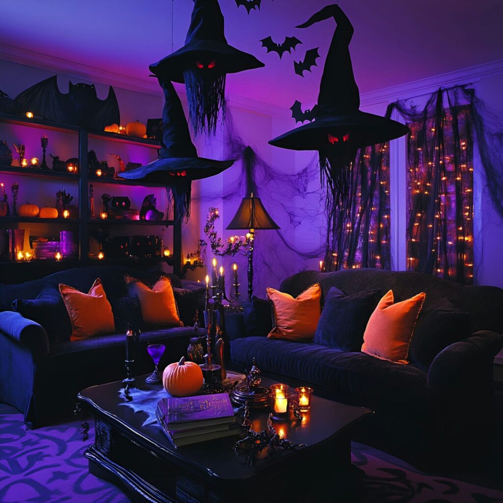 16. Floating Witch Hats & Broomsticks with Mystical Decor