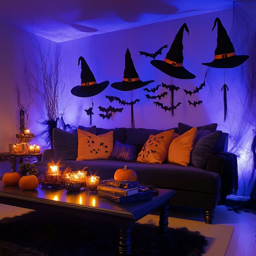 16. Floating Witch Hats & Broomsticks with Mystical Decor