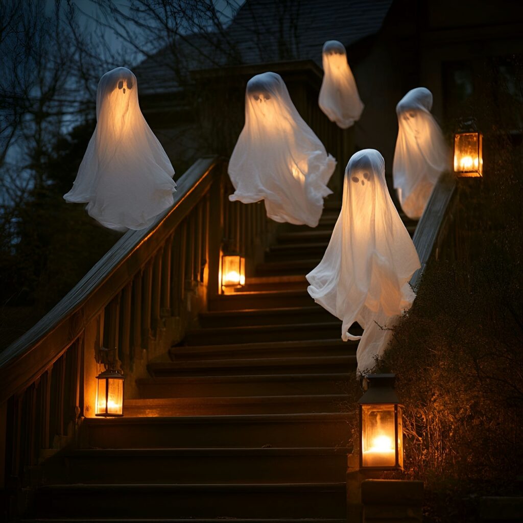 01. Ghostly staircase with floating white fabric ghosts and flickering lanterns