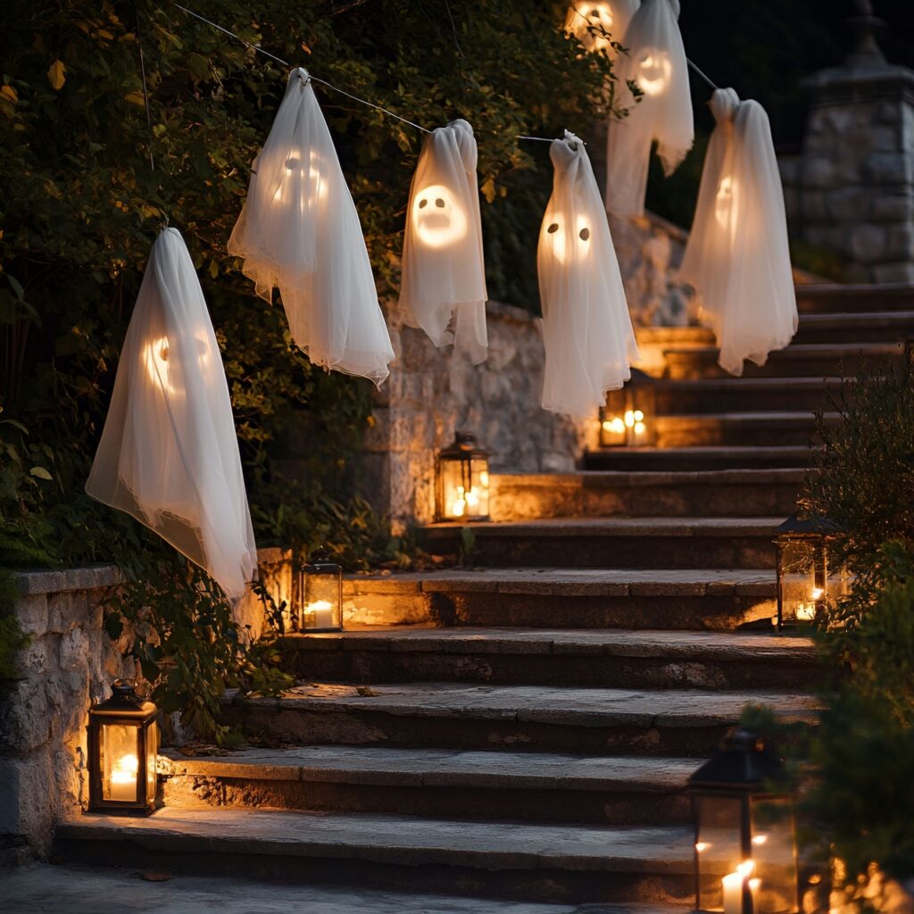 01. Ghostly staircase with floating white fabric ghosts and flickering lanterns