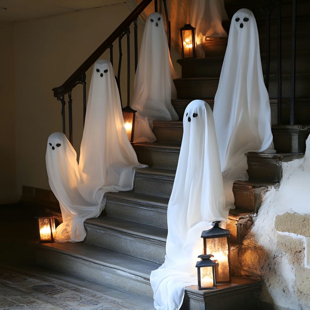 01. Ghostly staircase with floating white fabric ghosts and flickering lanterns