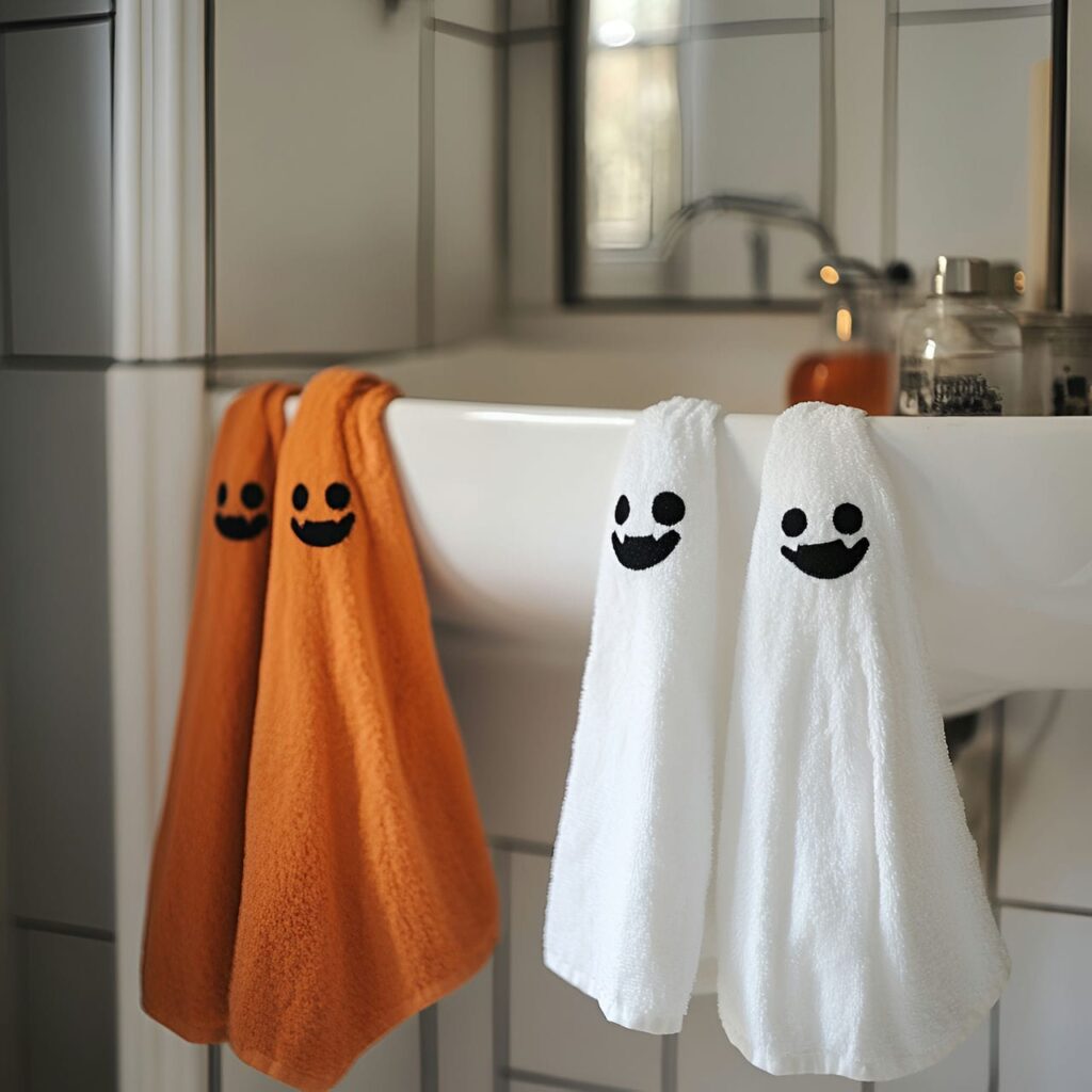 18. Ghoulish Face Towel Designs with Embroidered Ghost Faces