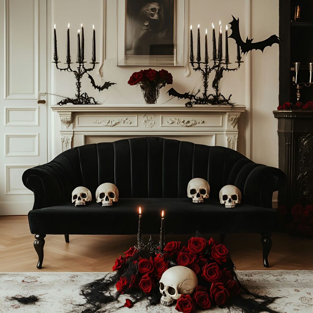 01. Gothic Skull and Rose Living Room with Spooky Accents