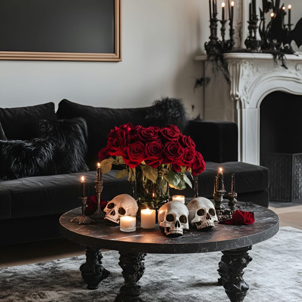 01. Gothic Skull and Rose Living Room with Spooky Accents