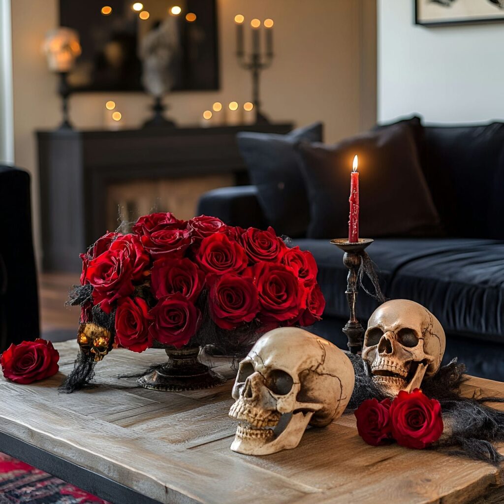 01. Gothic Skull and Rose Living Room with Spooky Accents