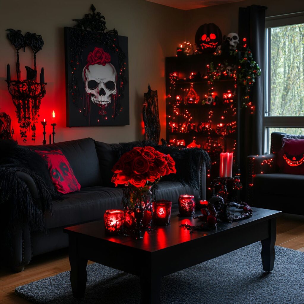 01. Gothic Skull and Rose Living Room with Spooky Accents