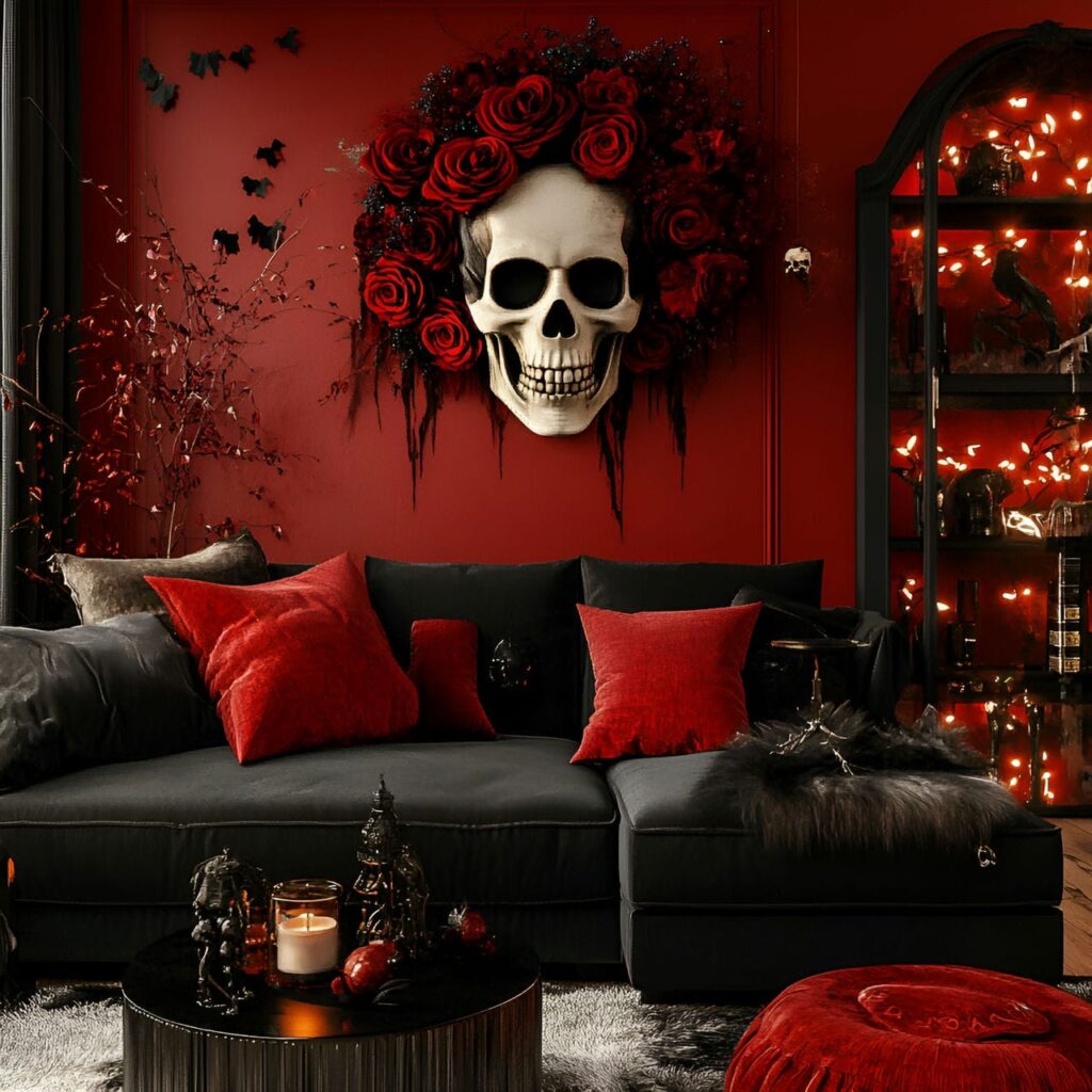 01. Gothic Skull and Rose Living Room with Spooky Accents