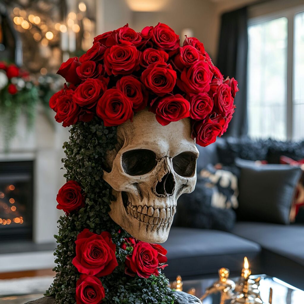 15. Gothic Skulls Topiary with Red Roses in Living Room