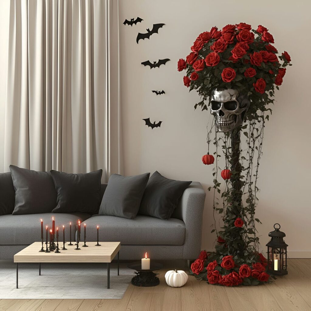 15. Gothic Skulls Topiary with Red Roses in Living Room