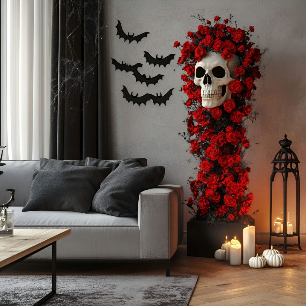 15. Gothic Skulls Topiary with Red Roses in Living Room