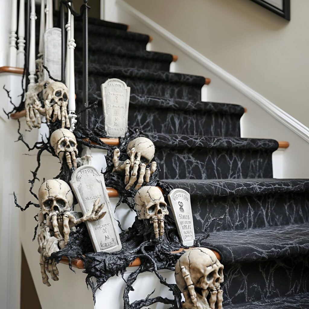 08. Graveyard-inspired staircase with mini tombstones and skeleton hands