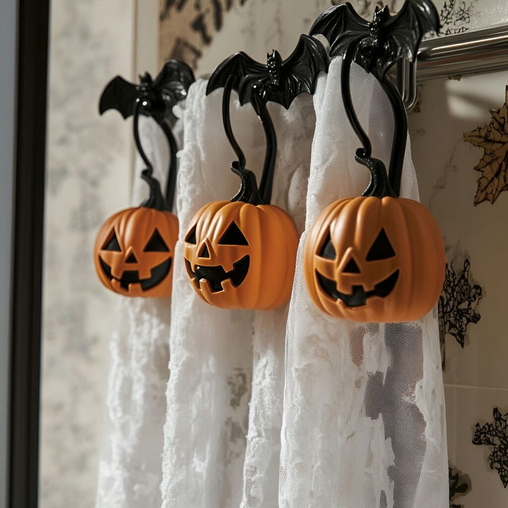 26. Halloween-themed Shower Hooks with Pumpkins, Bats, and Skeletons