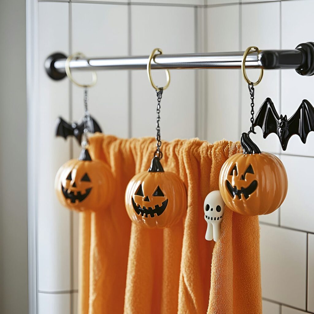 26. Halloween-themed Shower Hooks with Pumpkins, Bats, and Skeletons