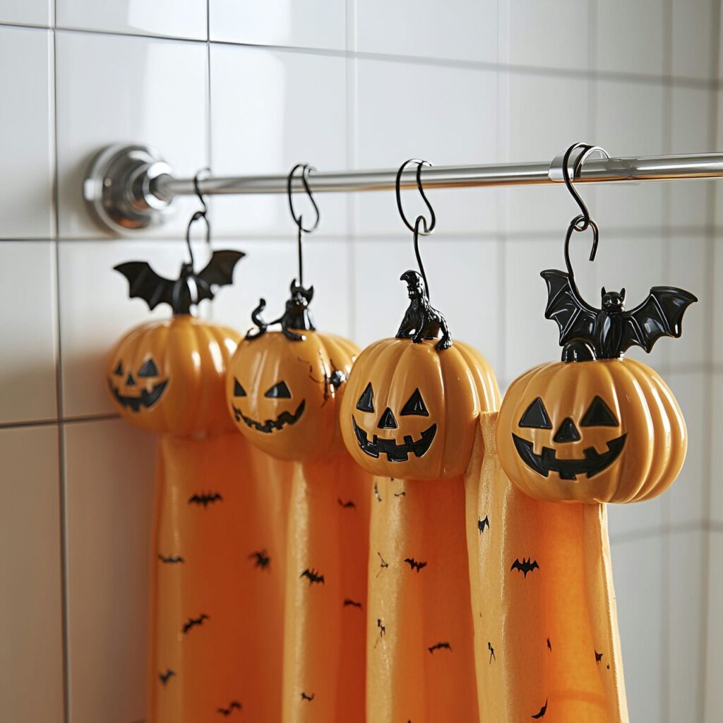 26. Halloween-themed Shower Hooks with Pumpkins, Bats, and Skeletons