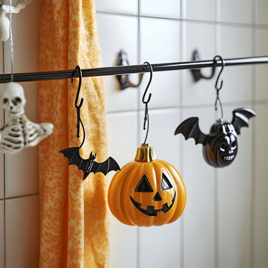 26. Halloween-themed Shower Hooks with Pumpkins, Bats, and Skeletons