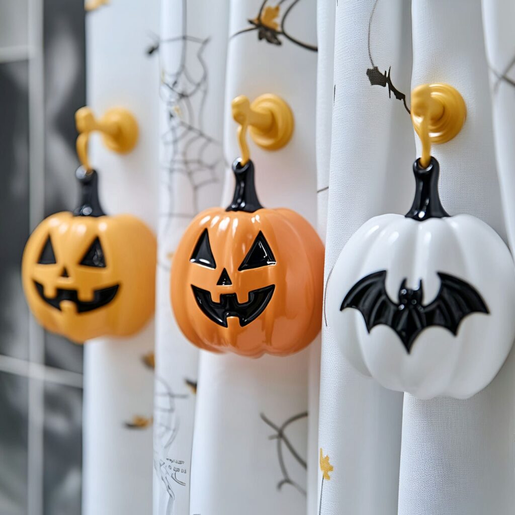 26. Halloween-themed Shower Hooks with Pumpkins, Bats, and Skeletons