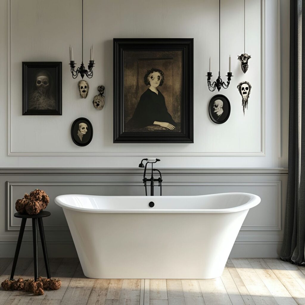 20. Haunted Portraits on Bathroom Walls with Vintage Eerie Vibe