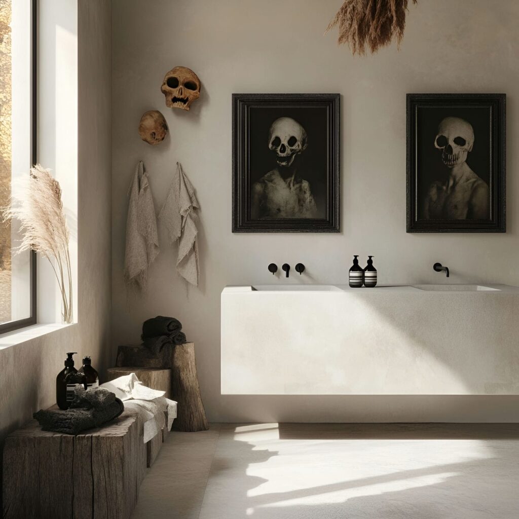 20. Haunted Portraits on Bathroom Walls with Vintage Eerie Vibe