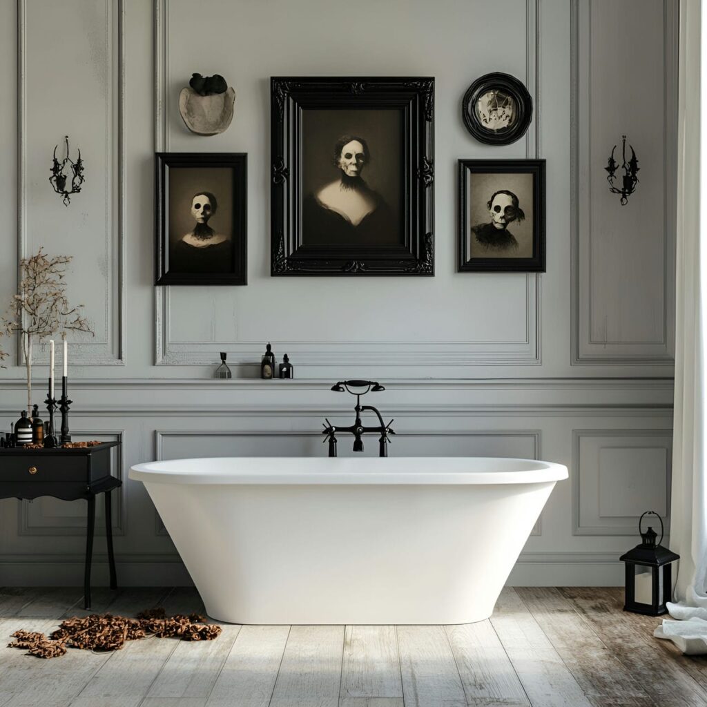 20. Haunted Portraits on Bathroom Walls with Vintage Eerie Vibe