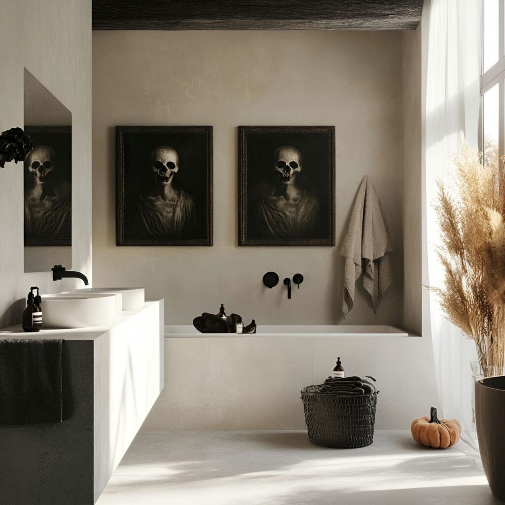 20. Haunted Portraits on Bathroom Walls with Vintage Eerie Vibe