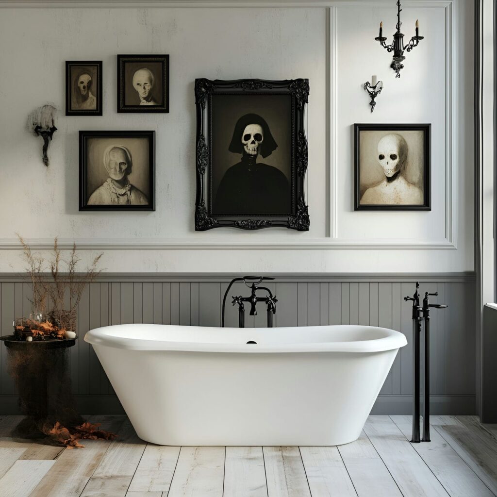 20. Haunted Portraits on Bathroom Walls with Vintage Eerie Vibe