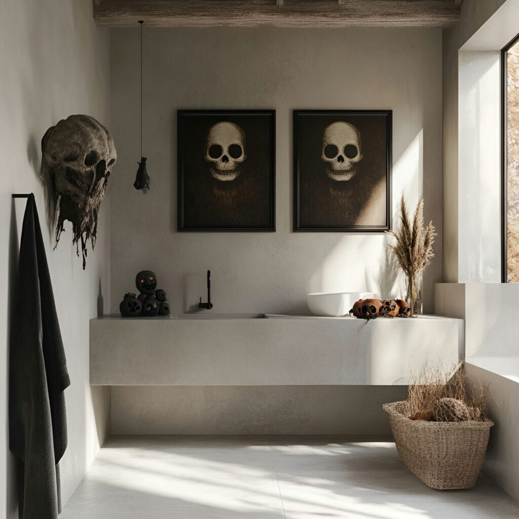 20. Haunted Portraits on Bathroom Walls with Vintage Eerie Vibe