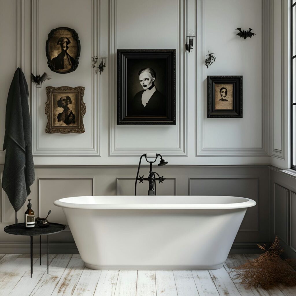 20. Haunted Portraits on Bathroom Walls with Vintage Eerie Vibe