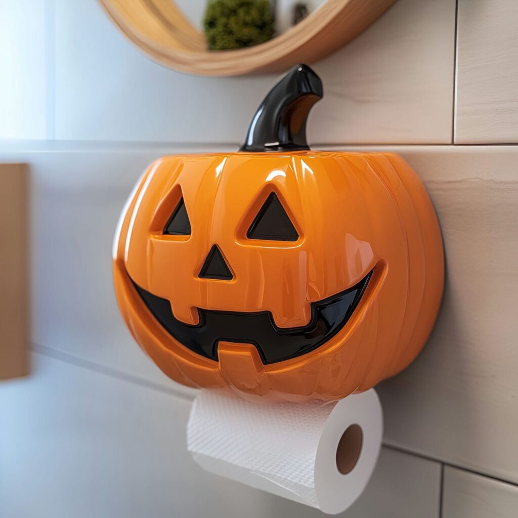 19. Jack-o’-Lantern Toilet Paper Holder with Festive Touch