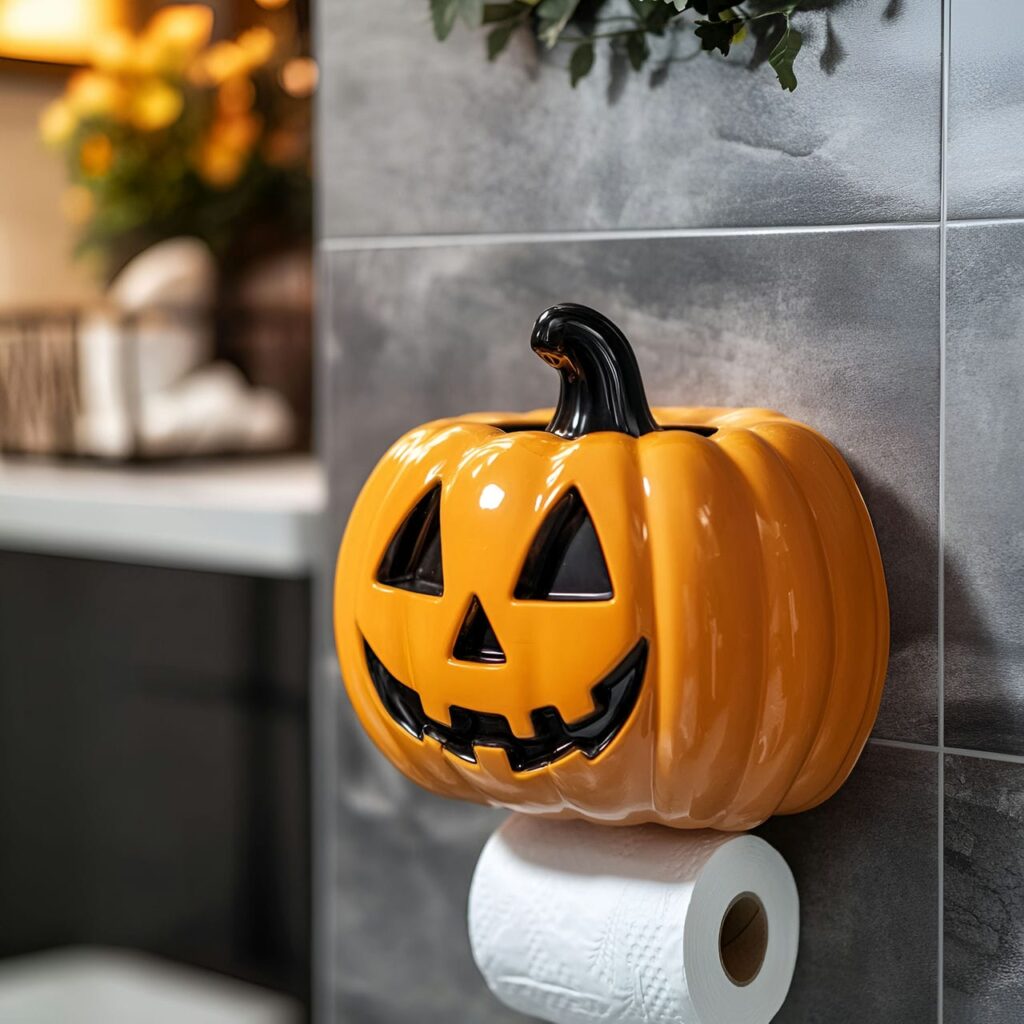 19. Jack-o’-Lantern Toilet Paper Holder with Festive Touch