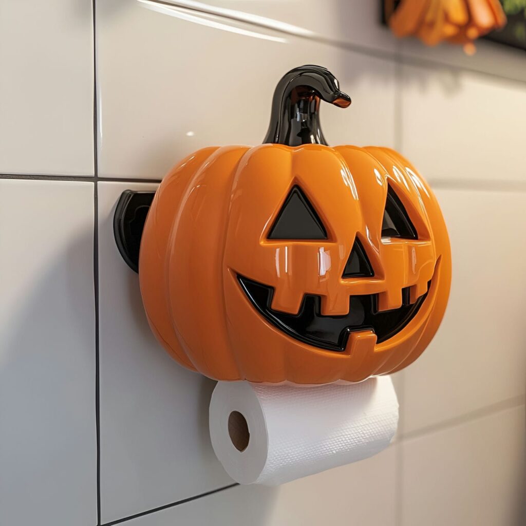 19. Jack-o’-Lantern Toilet Paper Holder with Festive Touch