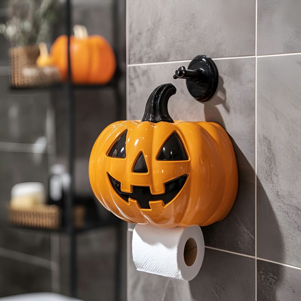 19. Jack-o’-Lantern Toilet Paper Holder with Festive Touch