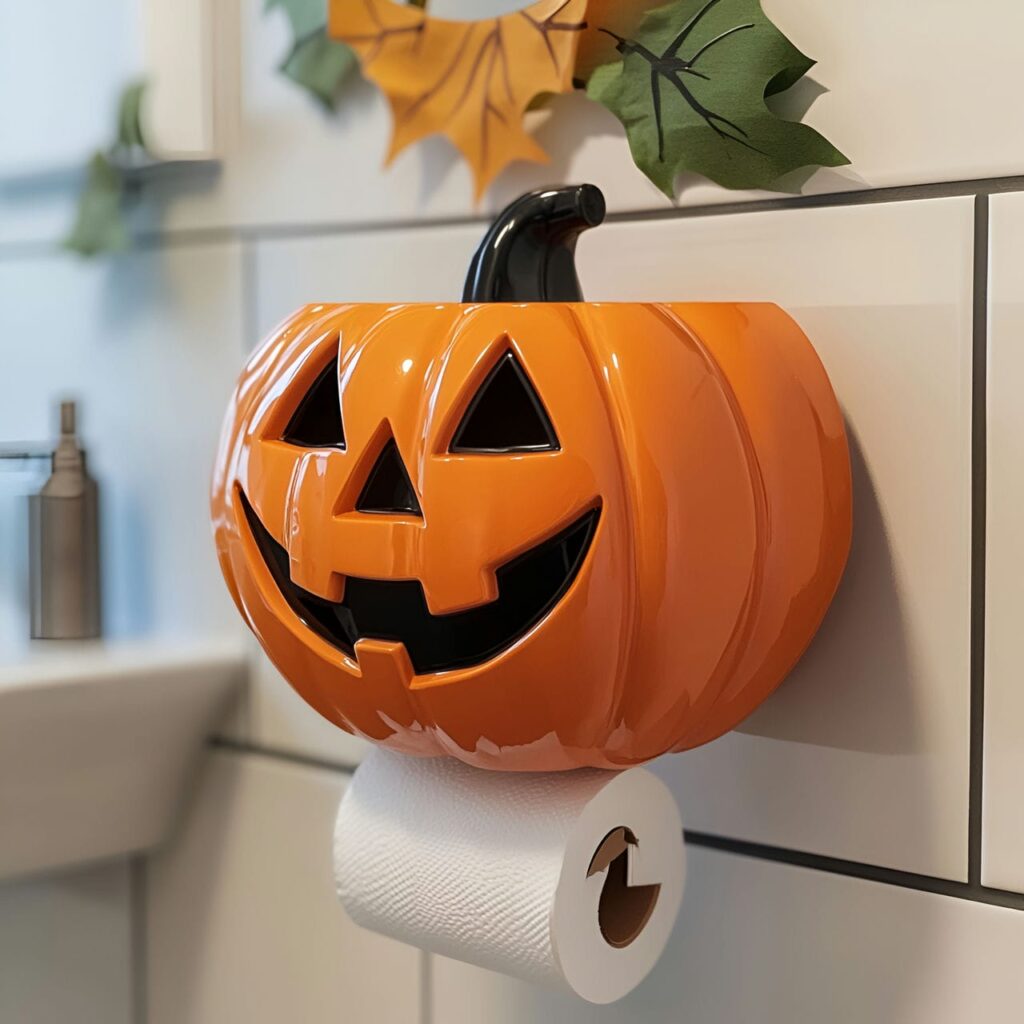 19. Jack-o’-Lantern Toilet Paper Holder with Festive Touch