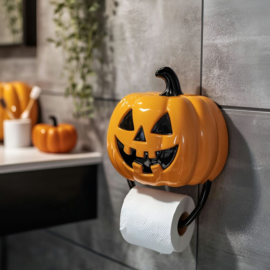 19. Jack-o’-Lantern Toilet Paper Holder with Festive Touch